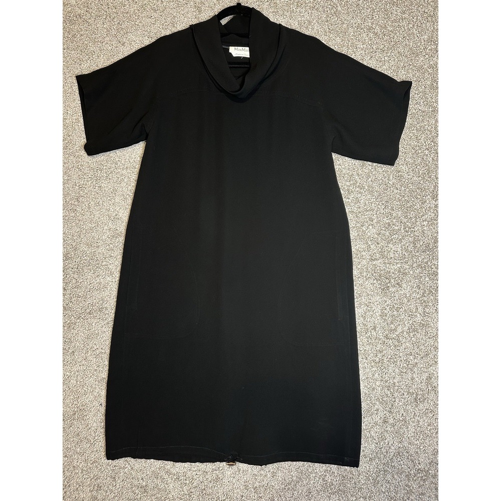 Max Mara Black Cowl Neck Shift Dress Toggle Drawstring Hem Pockets L 10 12